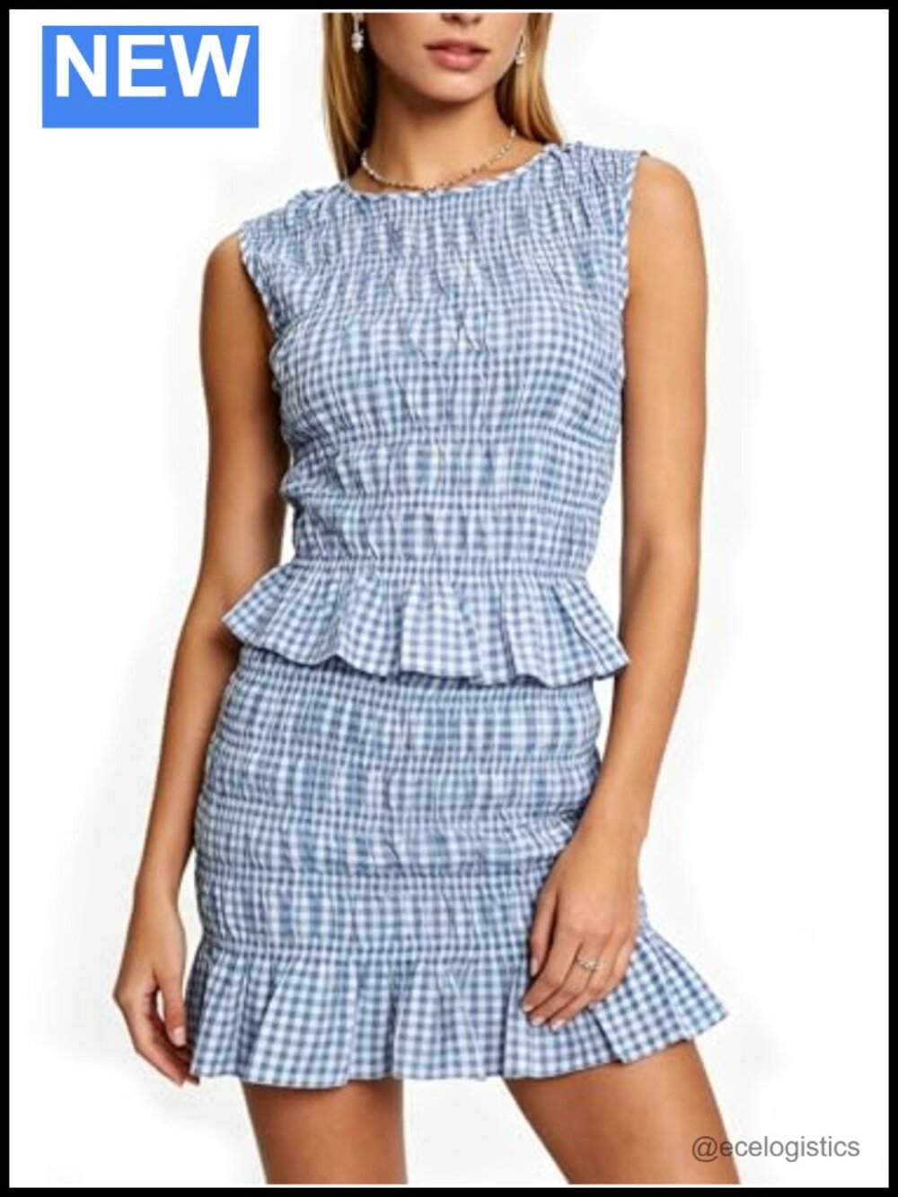 Gingham Skirt Set Sleeveless Smocked Crop Top with Ruffle Mini Skirt